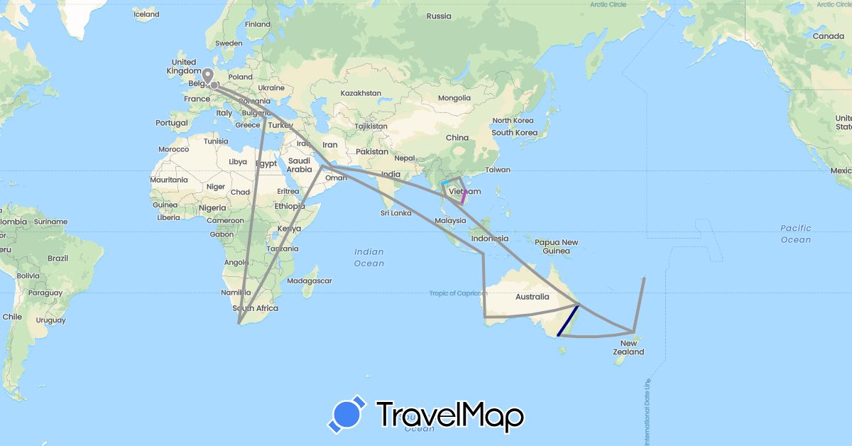 TravelMap itinerary: driving, plane, train, boat in United Arab Emirates, Australia, Germany, Fiji, Indonesia, Laos, Luxembourg, New Zealand, Qatar, Thailand, Turkey, Vietnam, South Africa (Africa, Asia, Europe, Oceania)